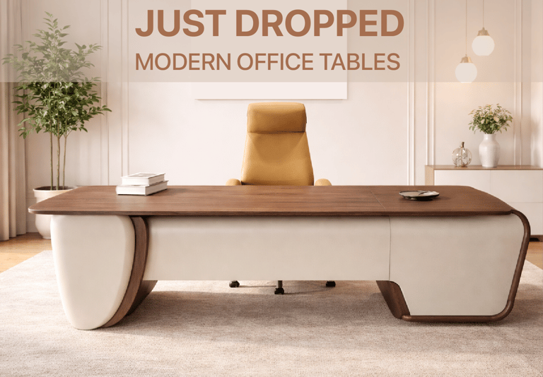Modern luxury executive desk with a curved wood top and tan leather base in a bright, minimalist office.
