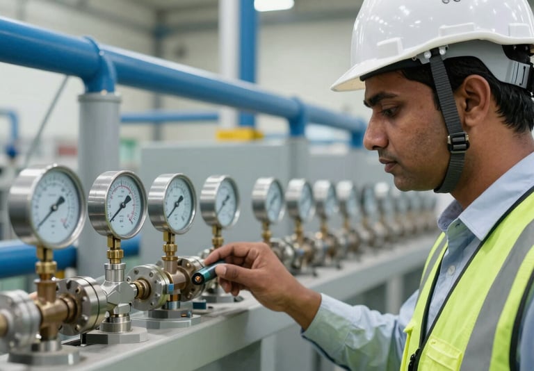 Close-up of a South Asian engineer in a hard hat and safety vest inspecting a water filtration system with digital gauges in an Indian industrial facility. The lighting is natural and bright, conveying precision. The background shows professional grey and blue equipment.