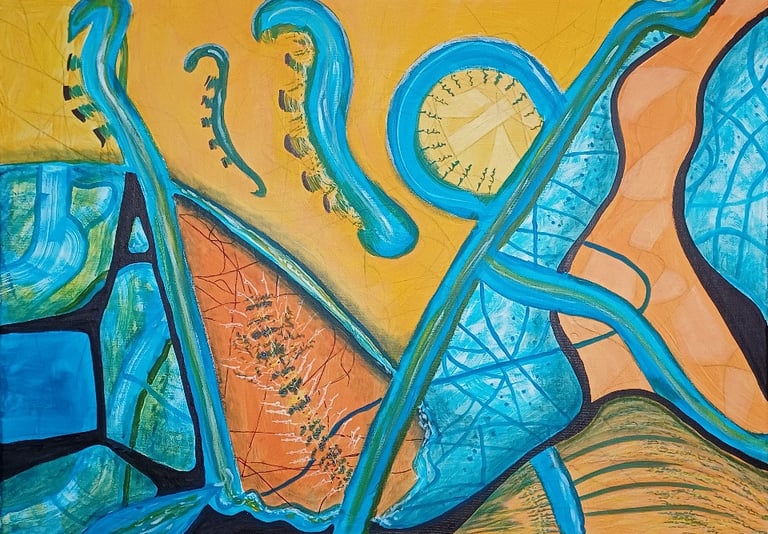 Confluence — fluid blue forms on amber ground evoking open sea currents, acrylic, by Zanda