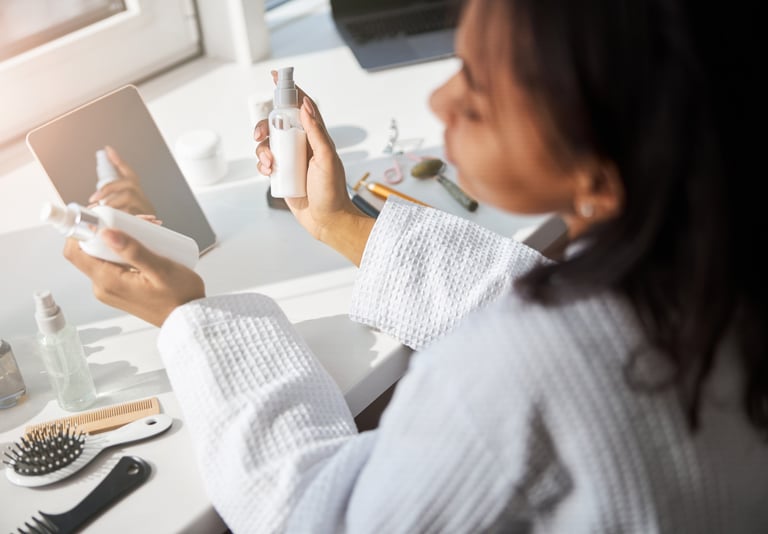 a woman in a bathrobe with a brush and products