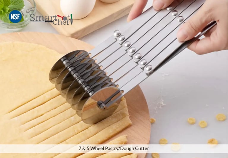 smart chef stainless steel 7-wheel adjustable pastry and dough cutter slicing raw dough strips.