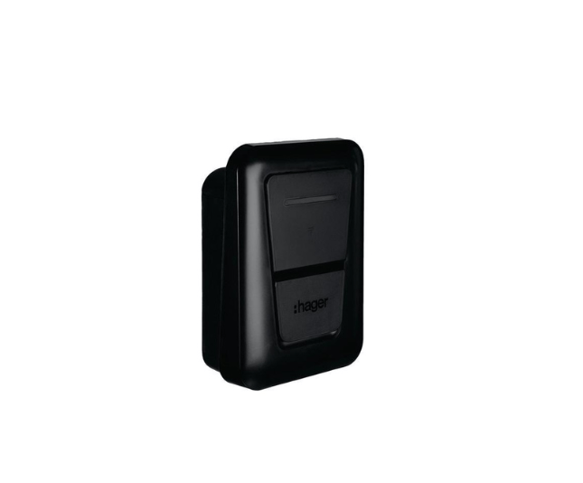 Black Hager wireless wall switch transmitter for smart home lighting control.