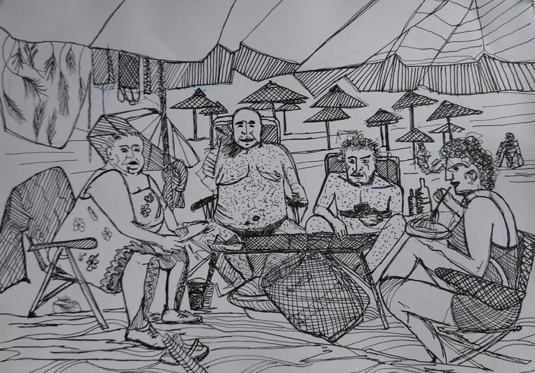 a drawing of a group of people sitting around a table