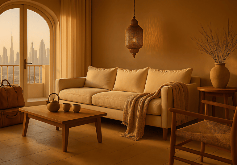 Luxury living room with an Arabic lantern, cream sofa, and balcony view of the Dubai skyline at sunset.