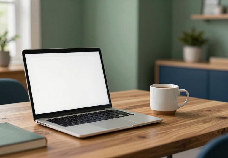 A bright and organized North American home office in Greenville, South Carolina. A laptop is open on a wooden desk next to a ceramic mug of coffee. The lighting is soft and natural, suggesting a focused but approachable professional atmosphere. Accents of forest green and dark blue are visible in the decor.