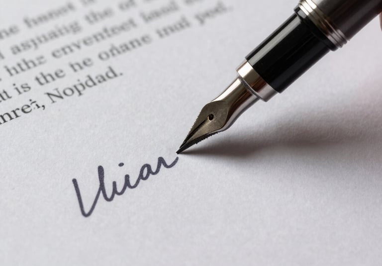 Close-up macro shot of physical legal documents, heavy paper texture, dark ink pen resting on a signed title deed, dramatic side lighting.