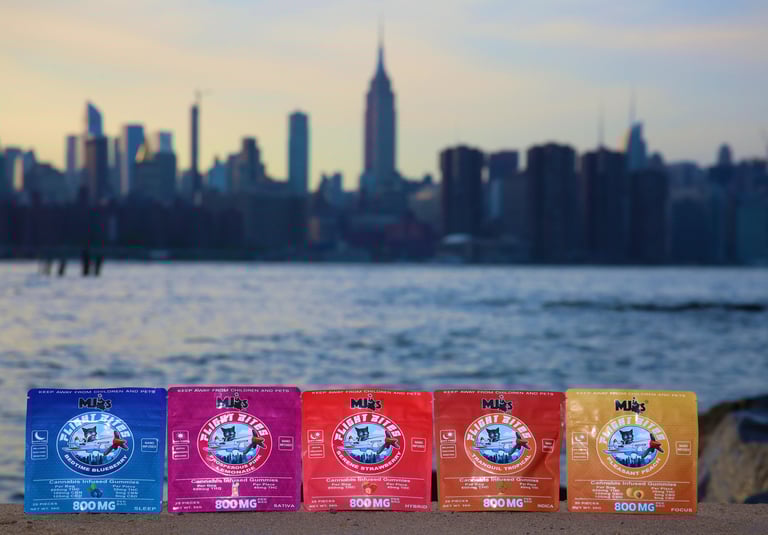 a row of gummies bags with a view of a city skyline
