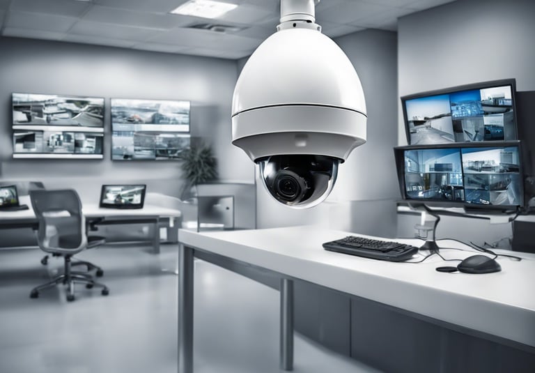 a camera mounted on a desk in a room with screens monitoring other cameras