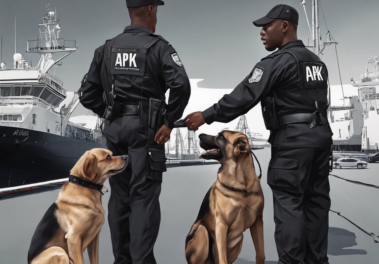 two men in apk security company uniforms standing next to a ship with their special dogs