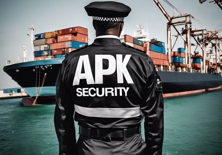 a man in apk security company uniform is monitoring a ship