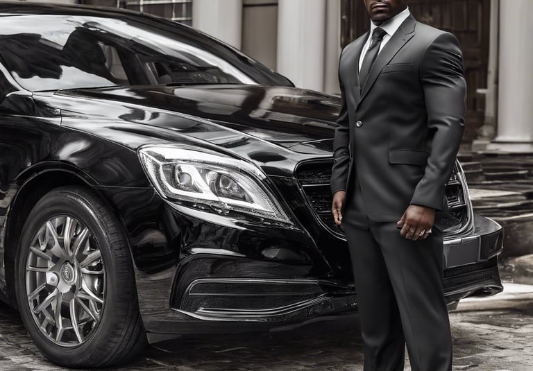 a man in a black suit and tie standing in front of a car to protecting the back house and the car