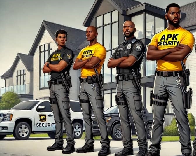 a group of apk security officers standing in front of a house with apk security car