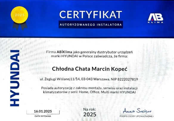 Certyfikat upoważniający do montażu i serwisowania urządzeń klimatyzacyjnych firmy Hyundai