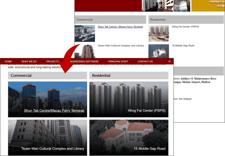 Screenshots of old and new Chung & Ng Projects page to show use of images