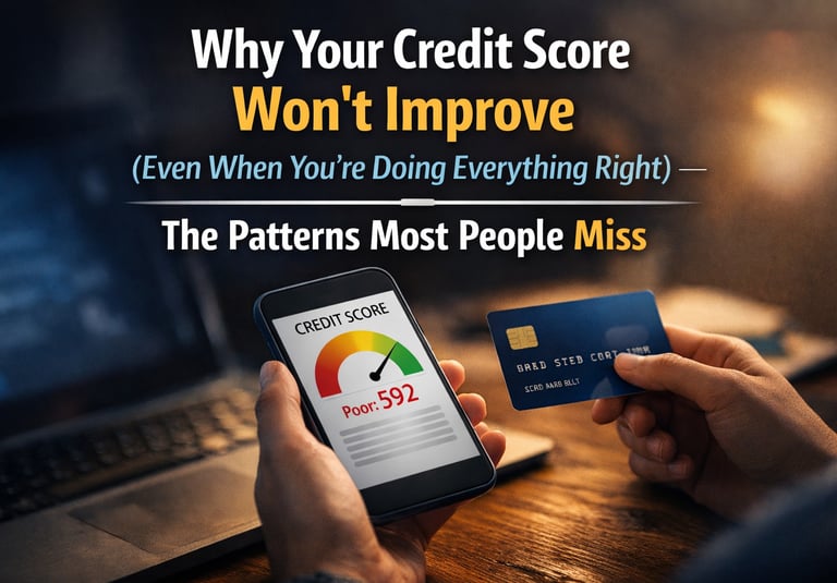 A person holding a credit card and a smartphone showing a poor credit score of 592 on a tracking app.