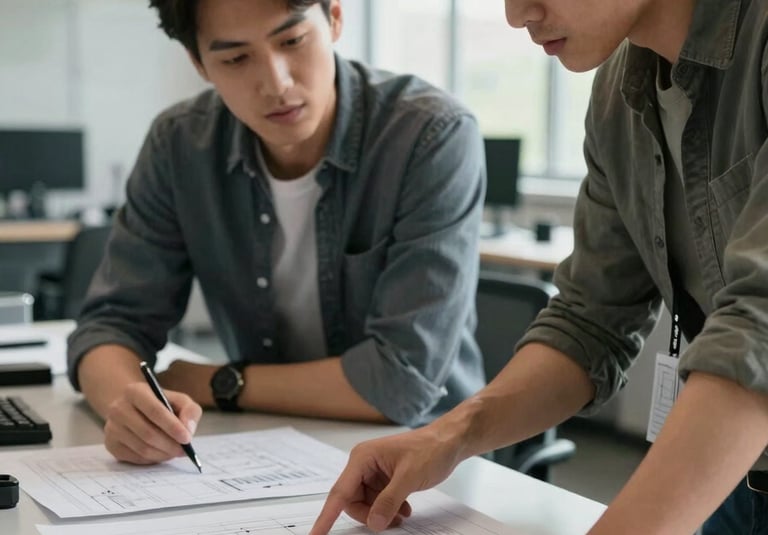 Medium close-up of two engineers reviewing technical schematics spread across a wide desk, one pointing at a diagram, industrial office environment with natural light from the right, neutral tones, active collaboration in progress