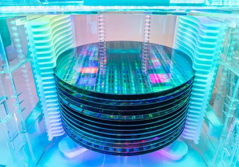 “Silicon wafer stack inside semiconductor fabrication equipment during chip manufacturing process”