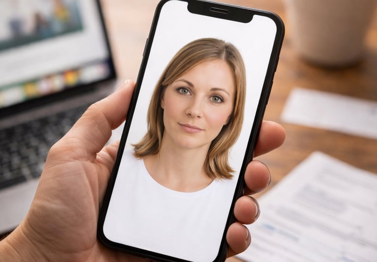 Hand holding a smartphone displaying a professional portrait of a woman during a video call or digital id check.