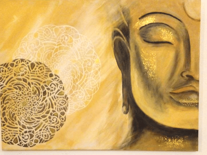 a painting of a buddha statue and a mandala