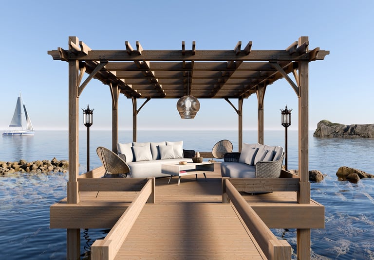 3D render of a sundeck with decor furniture next to the sea copia
