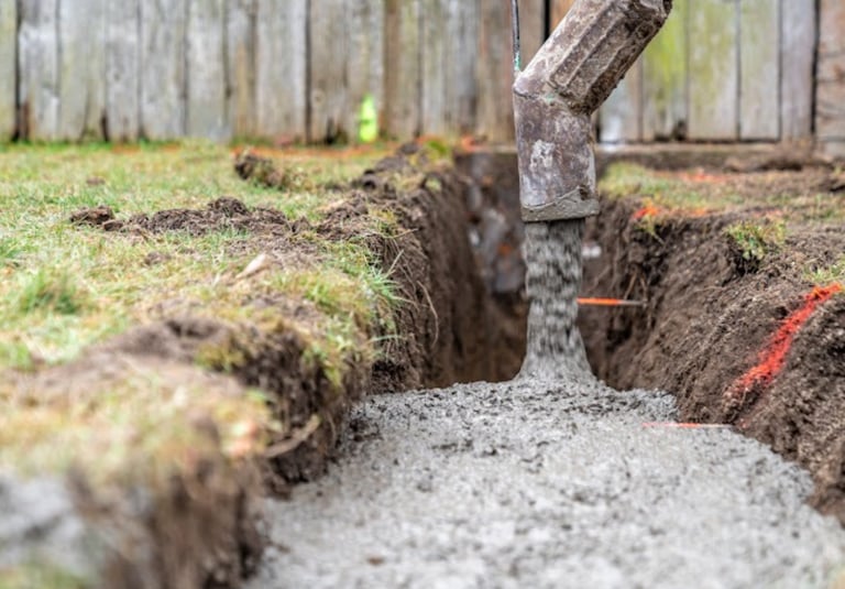 a concrete slab being poured into a concrete foundation