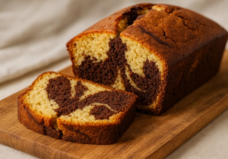a loaf of chocolate cake with a marbled chocolate swirl