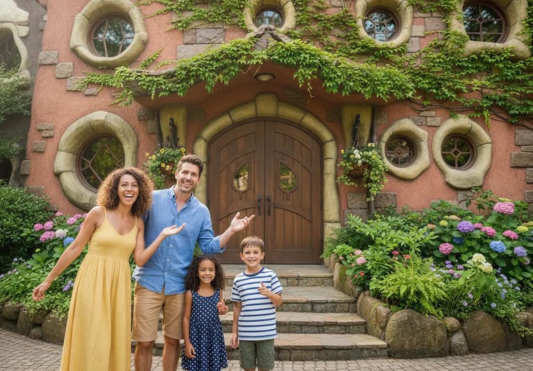 Family tourists visiting the whimsical Ghibli Museum entrance.