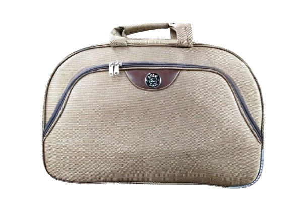 tan color duffle with brown color leather logo and tan fabric sturdy handle