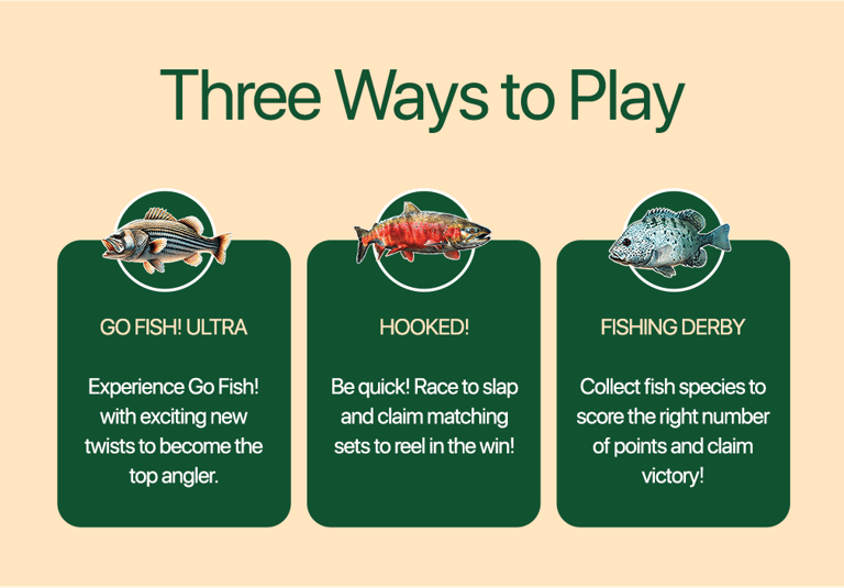 Three game modes of HOOKED! – Go Fish! Ultra, Hooked!, and Fishing Derby.