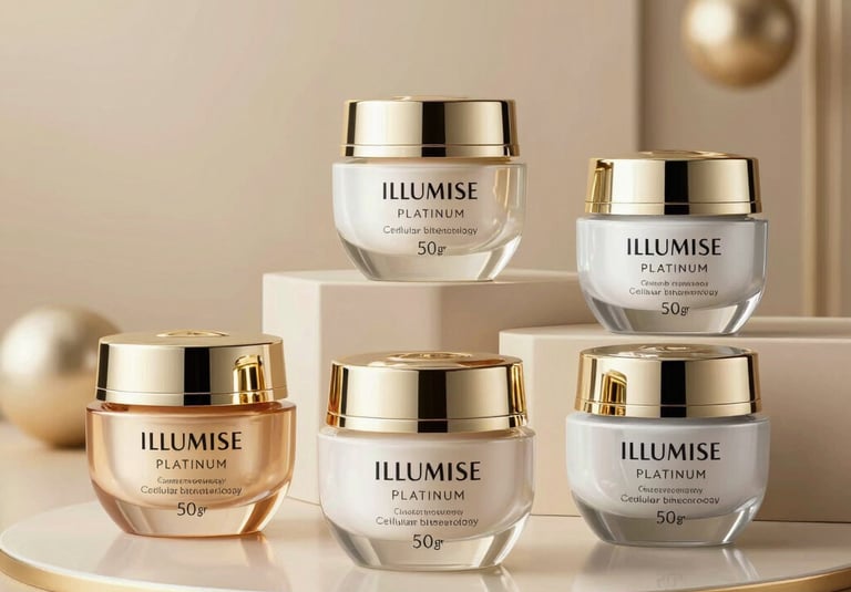 Illomise Platinum luxury anti-aging face cream jars in gold, blue, silver, and white packaging.