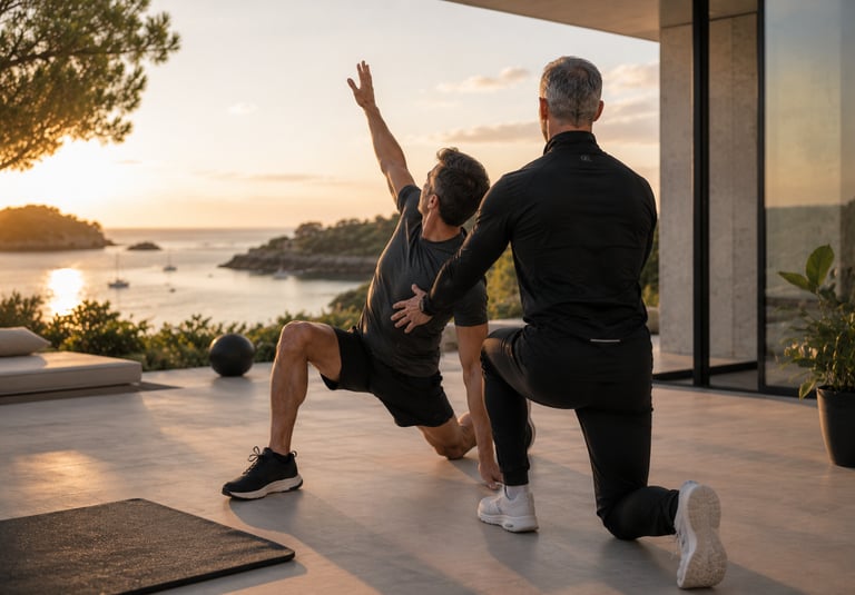 Coach sportif premium accompagnant un dirigeant lors d’un exercice de mobilité fonctionnelle face au Golfe du Morbihan
