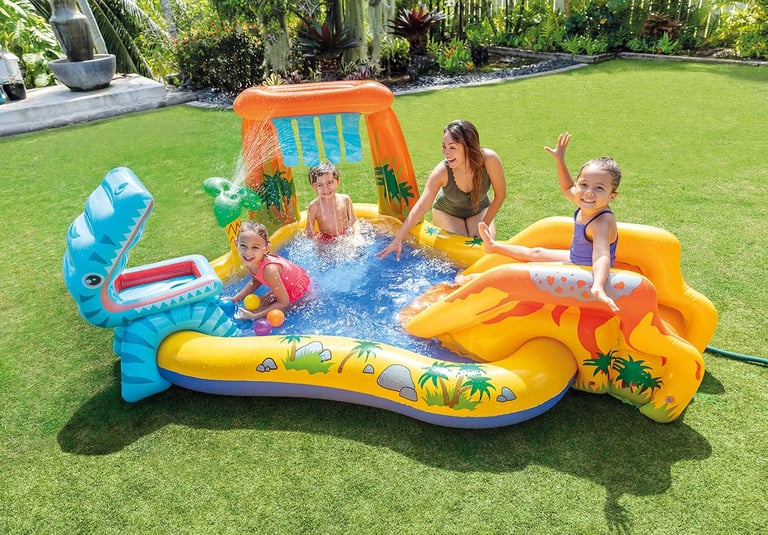 Intex Inflatable Dinosaur Play Center Outdoor Playhouse Inflatable Water Park with Kid Pool Slide, W