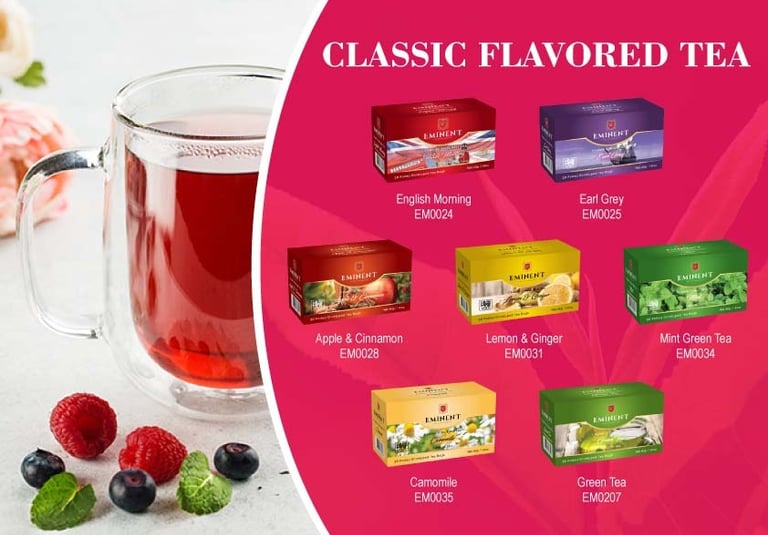 a cup of tea with a rangnge of EMINENT 20 envilop packs