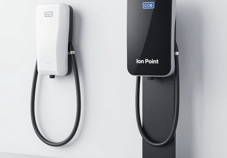 A modern electric vehicle charging station is mounted on a wooden wall. The charger has a sleek design with a matte gray finish and features a green illuminated symbol. The background consists of wood panels with natural grain patterns, suggesting an outdoor installation.