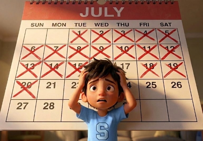 Stressed boy holding his head while looking at a July calendar with days crossed out in red.