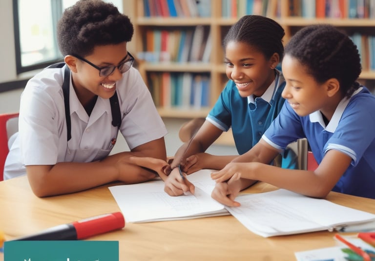 A group of educators collaborating around a table with student work and laptops