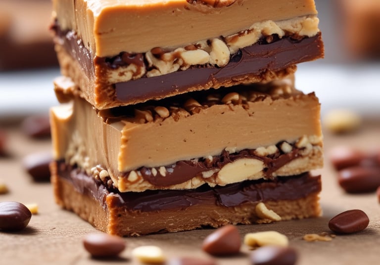 Close-up of a protein bar with nuts and chocolate chunks on a wooden table