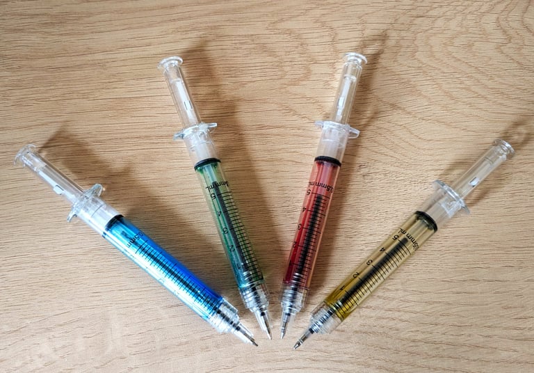 Pens in shape of syringes