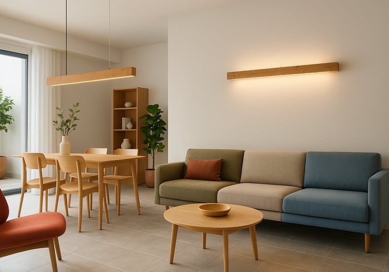 soggiorno living con applique e sospensione tavolo in legno led modern