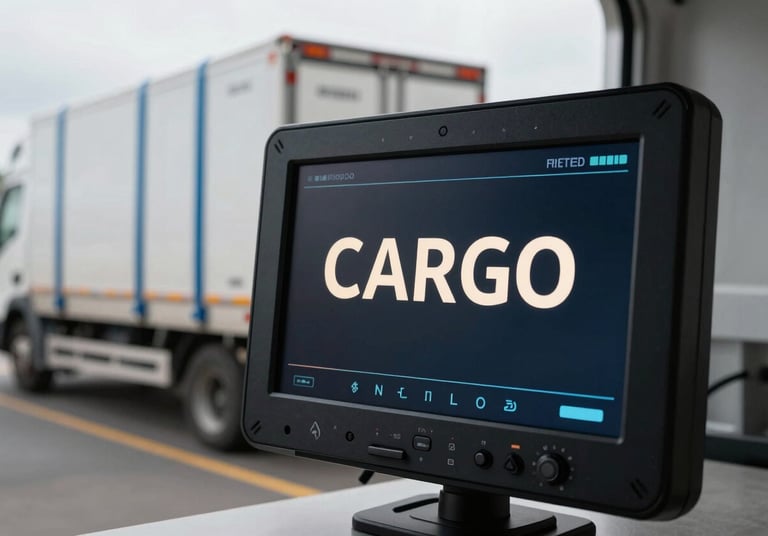 A close-up of a high-tech cargo monitor inside a transport vehicle, showing a digital interface with soft off-white text. In the background, out-of-focus freight is secured with steel blue straps. The atmosphere is professional and technologically advanced.