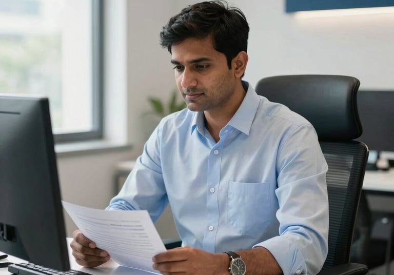 A professional South Asian / Indian Chartered Accountant in a modern office in India, sitting at a desk with financial documents, natural light, professional attire. The room is decorated in white and navy blue accents.