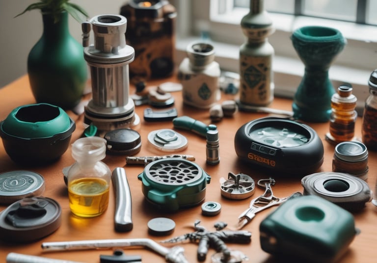 Various soil substrates and nutrient bags arranged neatly on wooden shelves.
