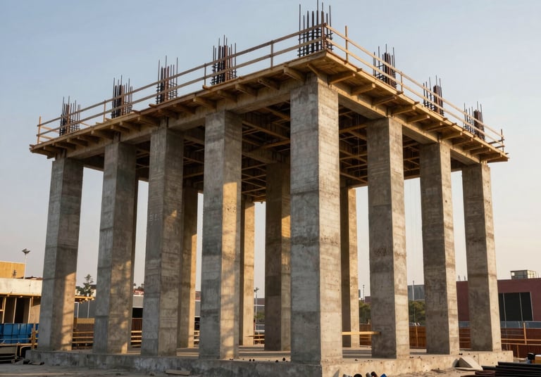 Architectural construction site with clean concrete pour and structural steel columns, warm golden hour light, Surco Lima