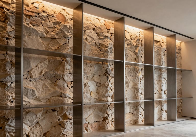 Interior renovation showing a historic wall integrated with modern minimalist steel and glass partitions, warm architectural lighting