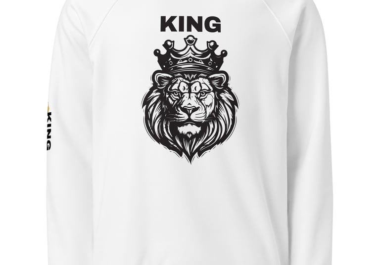 White long-sleeve sweatshirt featuring a black lion wearing a crown and KING text graphic.