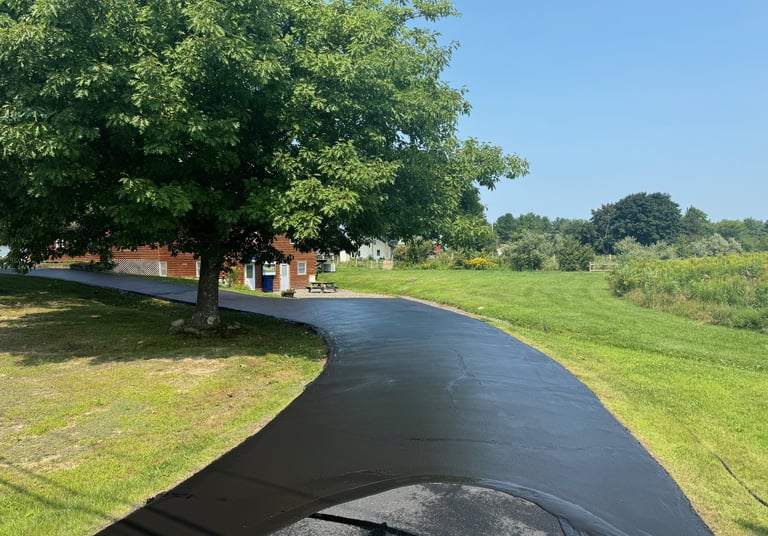 Freshly sealed black asphalt driveway winding past a large green tree and rural farmhouse landscape.
