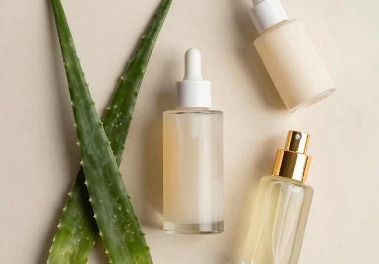 Elegant bottles of serums and oils arranged on a champagne gold tray with soft ivory fabric background.