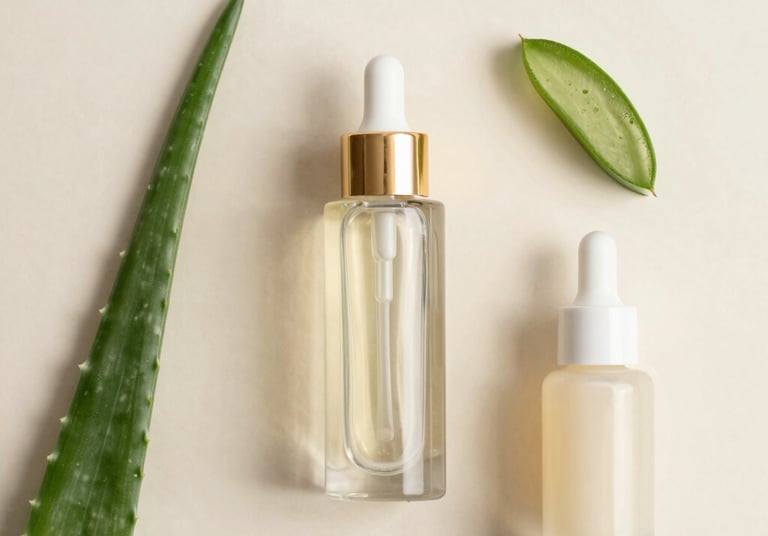 A softly lit close-up of a delicate glass jar filled with creamy moisturizer, resting on a bed of fresh green leaves.
