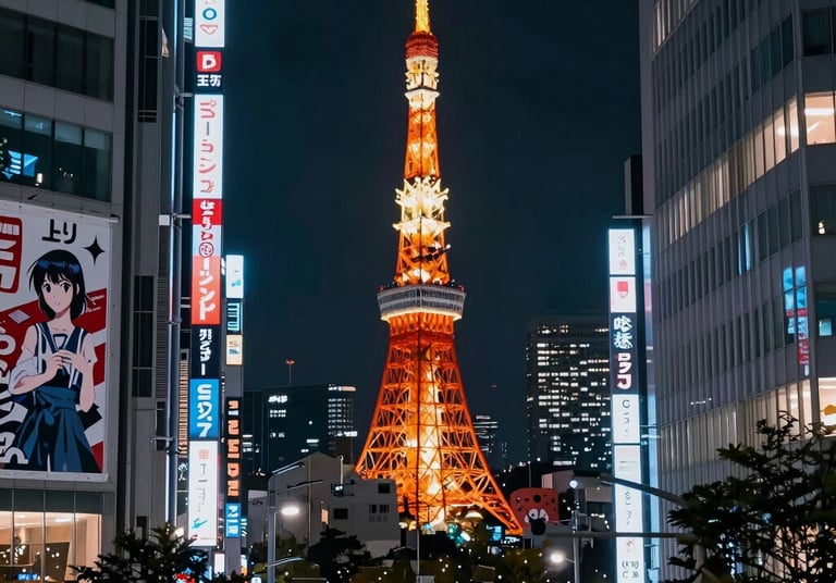 A vibrant neon-lit Tokyo street blending anime and cyberpunk aesthetics with subtle bookshop elements.
