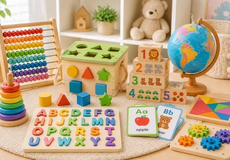 Educational wooden toys for toddlers including an alphabet puzzle, abacus, shape sorter, and globe on a playroom rug.
